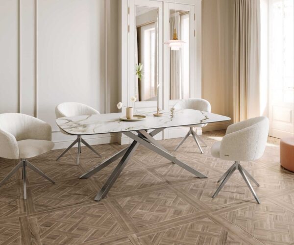 Jídelní stůl Edge lodní tvar keramika Calacatta Luxe bílá-zlatá-šedá 200x100 křížová podnož obdélník nerezová ocel - Image 7