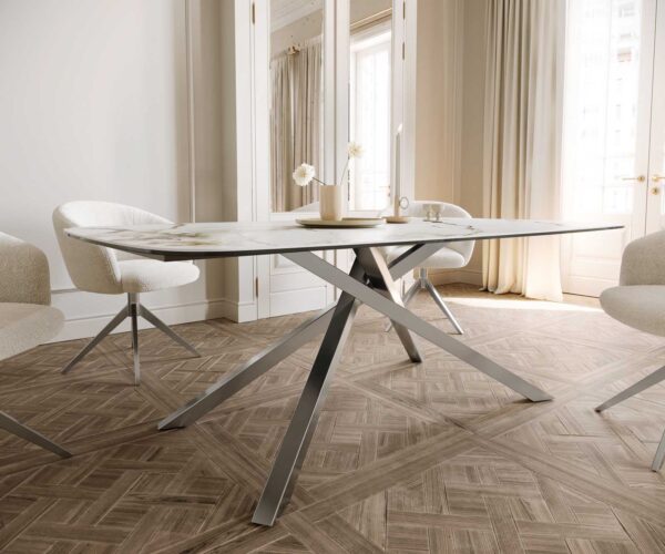 Jídelní stůl Edge lodní tvar keramika Calacatta Luxe bílá-zlatá-šedá 200x100 křížová podnož obdélník nerezová ocel - Image 6