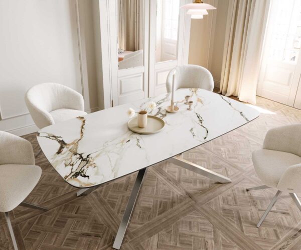 Jídelní stůl Edge lodní tvar keramika Calacatta Luxe bílá-zlatá-šedá 200x100 křížová podnož obdélník nerezová ocel - Image 5