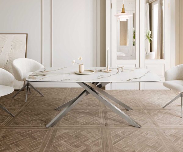Jídelní stůl Edge lodní tvar keramika Calacatta Luxe bílá-zlatá-šedá 200x100 křížová podnož obdélník nerezová ocel - Image 2