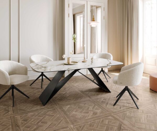 Jídelní stůl Edge lodě tvaru, keramika Calacatta Luxe bílá-zlatá-šedá 200x100, V-noha, plochý kov černý - Image 7