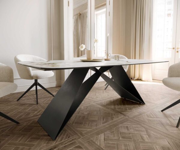 Jídelní stůl Edge lodě tvaru, keramika Calacatta Luxe bílá-zlatá-šedá 200x100, V-noha, plochý kov černý - Image 6