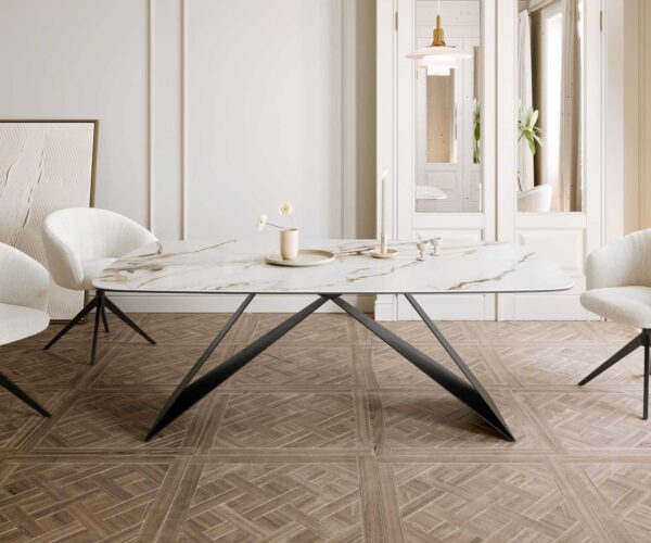 Jídelní stůl Edge lodě tvaru, keramika Calacatta Luxe bílá-zlatá-šedá 200x100, V-noha, plochý kov černý - Image 2