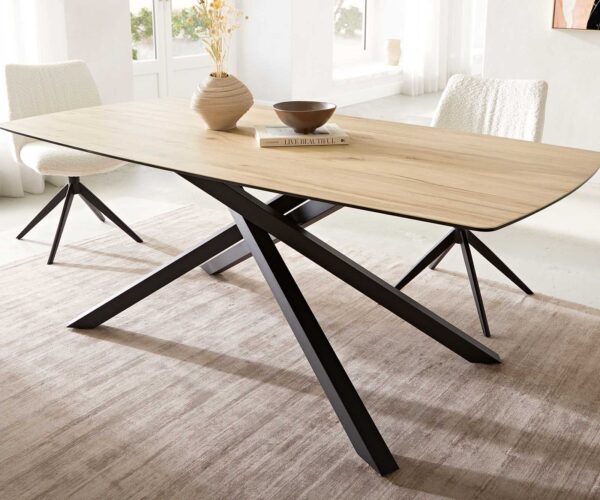 Jídelní stůl Edge lodě tvarovaný keramický Laminam® Sabbia dubová barva 200x100 cm, křížová kovová černá podnož - Image 6