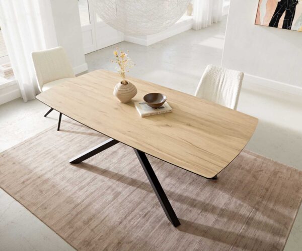 Jídelní stůl Edge lodě tvarovaný keramický Laminam® Sabbia dubová barva 200x100 cm, křížová kovová černá podnož - Image 5