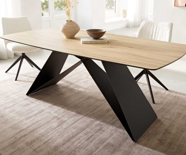 Jídelní stůl Edge lodě tvarovaný keramický Laminam® Sabbia dubová barva 200x100 V-noha plochý kov černý - Image 6