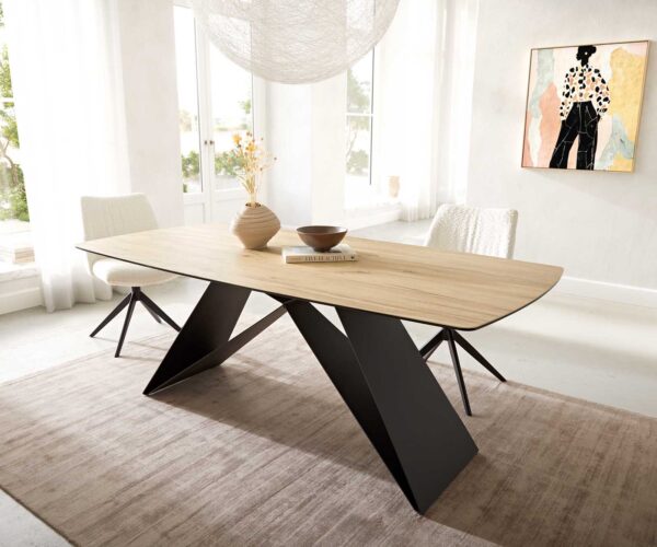 Jídelní stůl Edge lodě tvarovaný keramický Laminam® Sabbia dubová barva 200x100 V-noha plochý kov černý - Image 2