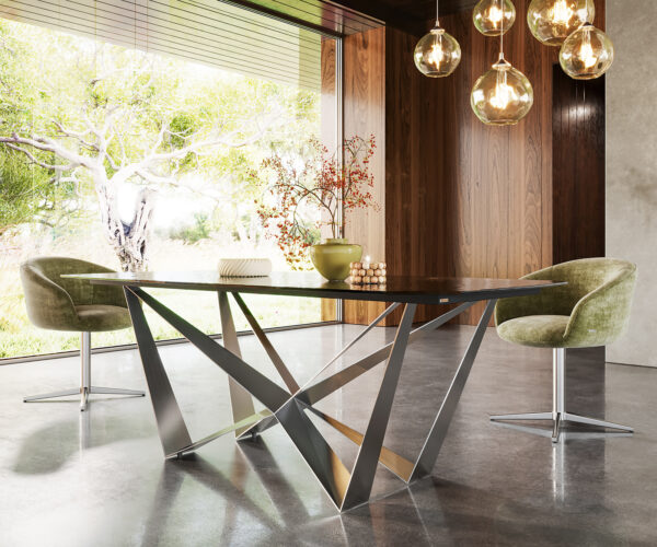 Jídelní stůl Edge lodě tvarovaný 200x100 texturované sklo kouřově černé 3D design Spider plochá nerezová ocel - Image 5