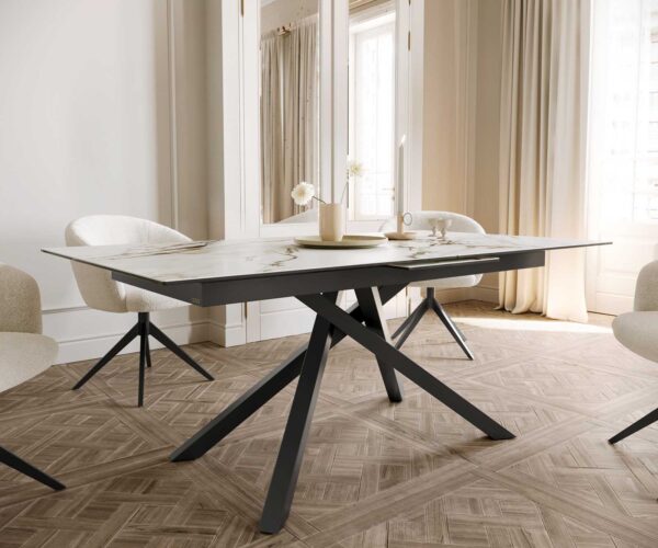 Jídelní stůl Edge keramický Calacatta Luxe bílá-zlatá-šedá 180-220x100 cm, křížová kovová černá podnož, rozkládací, obdélník - Image 7