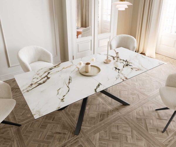 Jídelní stůl Edge keramický Calacatta Luxe bílá-zlatá-šedá 180-220x100 cm, křížová kovová černá podnož, rozkládací, obdélník - Image 6