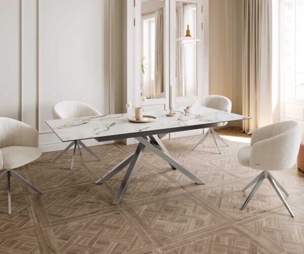 Jídelní stůl Edge keramika Calacatta Luxe bílá-zlatá-šedá 180-220x100 cm, křížová podnož, obdélník, nerezová ocel, rozkládací - Image 8