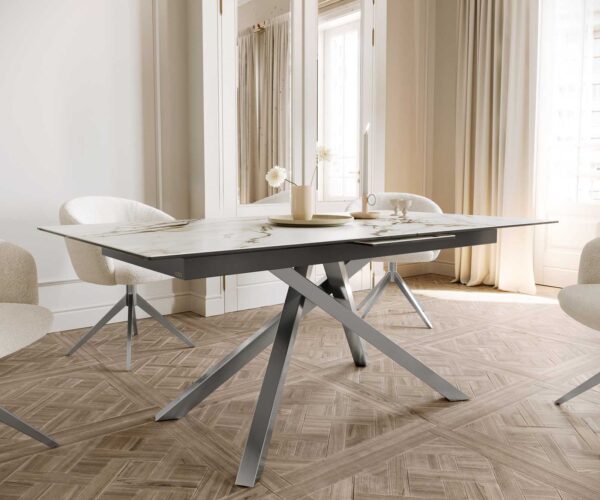 Jídelní stůl Edge keramika Calacatta Luxe bílá-zlatá-šedá 180-220x100 cm, křížová podnož, obdélník, nerezová ocel, rozkládací - Image 7