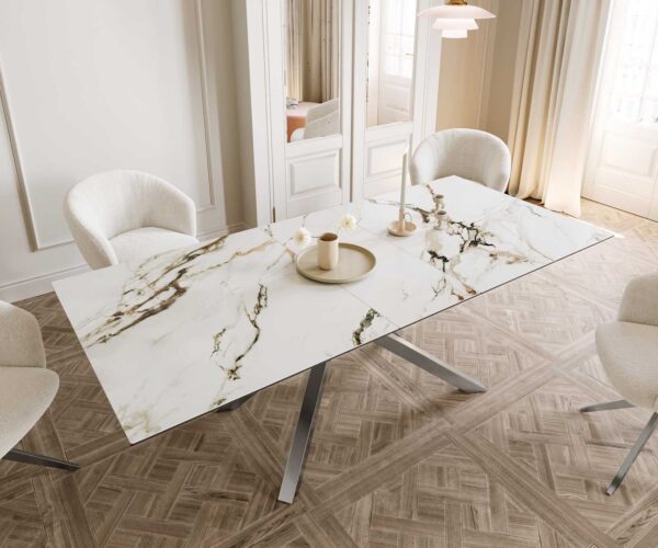 Jídelní stůl Edge keramika Calacatta Luxe bílá-zlatá-šedá 180-220x100 cm, křížová podnož, obdélník, nerezová ocel, rozkládací - Image 6