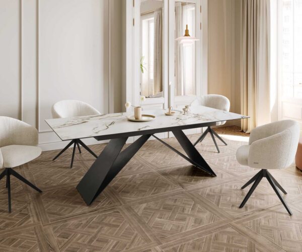 Jídelní stůl Edge keramika Calacatta Luxe bílá-zlatá-šedá 180-220x100 V-noha plochý kov černý rozkládací - Image 8