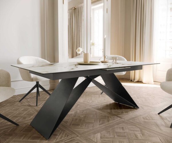 Jídelní stůl Edge keramika Calacatta Luxe bílá-zlatá-šedá 180-220x100 V-noha plochý kov černý rozkládací - Image 7