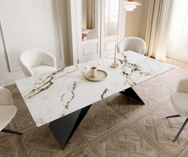 Jídelní stůl Edge keramika Calacatta Luxe bílá-zlatá-šedá 180-220x100 V-noha plochý kov černý rozkládací - Image 6