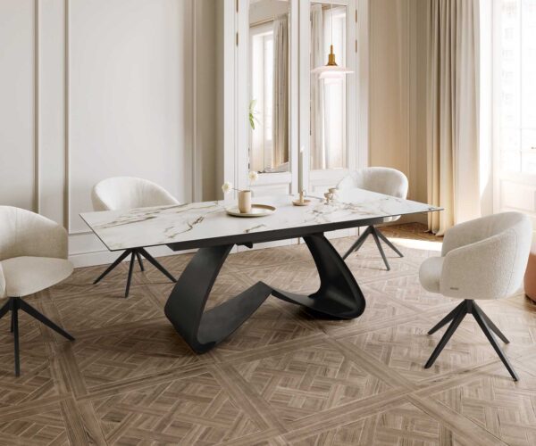 Jídelní stůl Edge keramický Calacatta Luxe bílá-zlatá-šedá 180-220x100 s černou kovovou podnoží rozkládací - Image 8