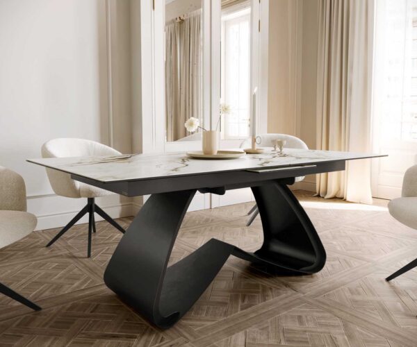 Jídelní stůl Edge keramický Calacatta Luxe bílá-zlatá-šedá 180-220x100 s černou kovovou podnoží rozkládací - Image 7