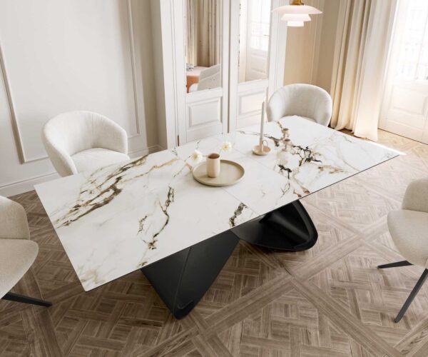Jídelní stůl Edge keramický Calacatta Luxe bílá-zlatá-šedá 180-220x100 s černou kovovou podnoží rozkládací - Image 6