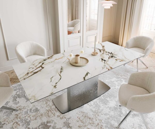 Jídelní stůl Edge keramika Calacatta Luxe bílá-zlatá-šedá 180-220x100 cm vlnitá podnož nerezový ocel rozkládací - Image 6
