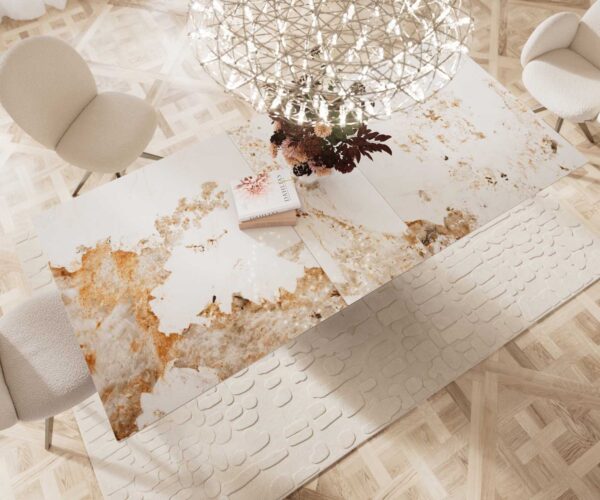 Jídelní stůl Edge keramika Minas Melange bílá-béžová 180x220x100 vlna nerezová ocel rozkládací - Image 6