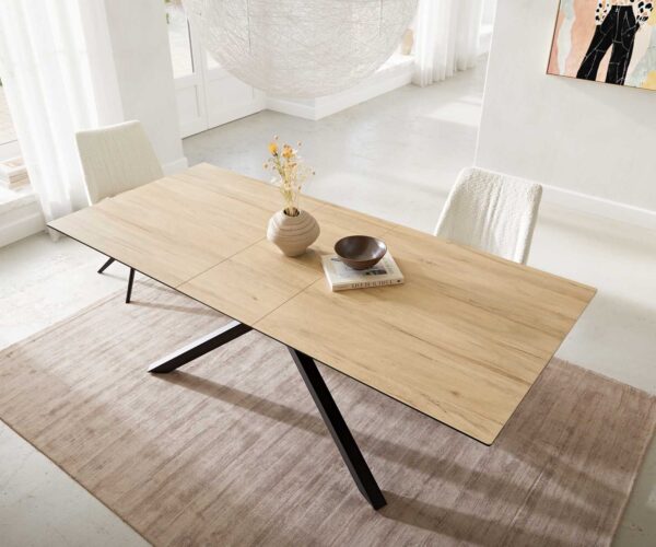 Jídelní stůl Edge keramika Laminam® Sabbia dubová barva 180-220x100 cm, křížová kovová černá podnož, rozkládací, obdélníkový - Image 6