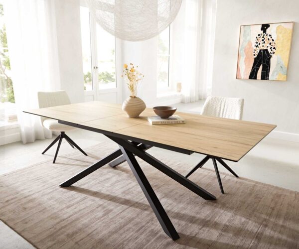 Jídelní stůl Edge keramika Laminam® Sabbia dubová barva 180-220x100 cm, křížová kovová černá podnož, rozkládací, obdélníkový - Image 2