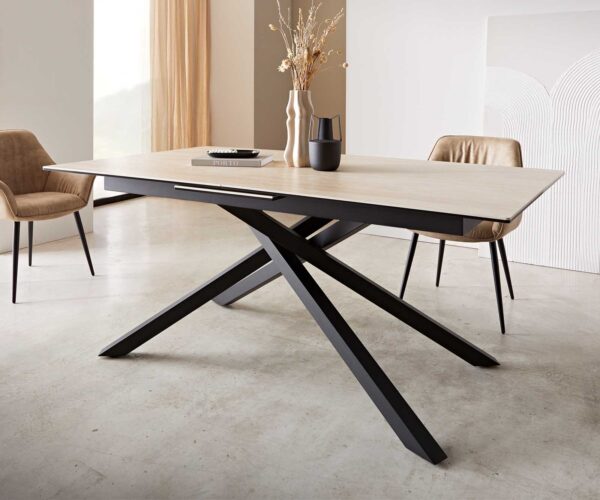 Jídelní stůl Edge keramický, travertinová barva, 180-220x100 cm, křížová podnož, černý kov, rozkládací - Image 6