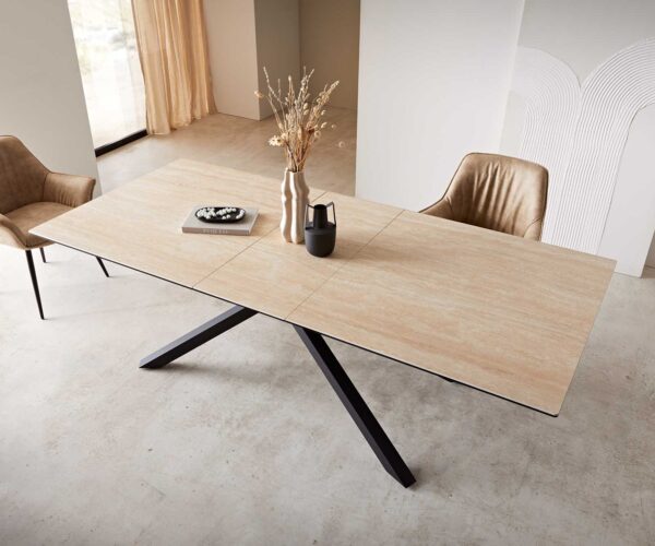 Jídelní stůl Edge keramický, travertinová barva, 180-220x100 cm, křížová podnož, černý kov, rozkládací - Image 5