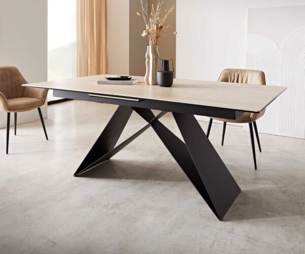 Jídelní stůl Edge keramický travertinový 180–220×100 cm, V-nohy, plochý kov černý, rozkládací - Image 6