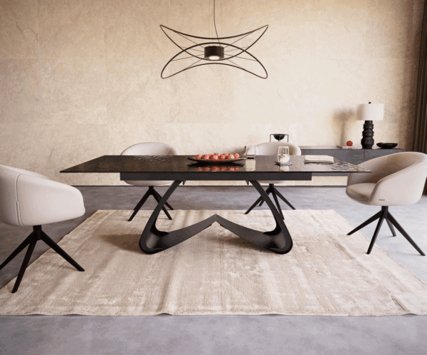 Jídelní stůl Edge reliefní sklo kouřově černé 3D design 180-220x100 s černou kovovou podnoží rozkládací - Image 2