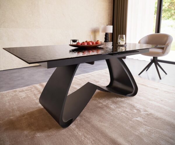 Jídelní stůl Edge reliefní sklo kouřově černé 3D design 180-220x100 s černou kovovou podnoží rozkládací - Image 5
