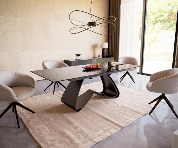 Jídelní stůl Edge reliefní sklo kouřově černé 3D design 180-220x100 s černou kovovou podnoží rozkládací - Image 6