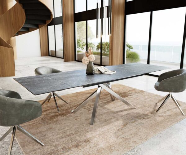 Jídelní stůl Edge keramika Laminam® Nero Greco antracit 200–300×100 cm, křížová podnož, obdélníkový, nerezový, rozkládací - Image 6