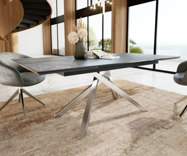 Jídelní stůl Edge keramika Laminam® Nero Greco antracit 200–300×100 cm, křížová podnož, obdélníkový, nerezový, rozkládací - Image 5