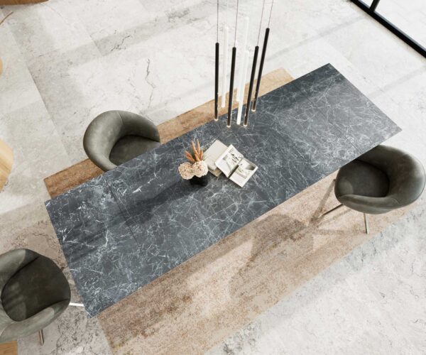 Jídelní stůl Edge keramika Laminam® Nero Greco antracit 200–300×100 cm, křížová podnož, obdélníkový, nerezový, rozkládací - Image 4