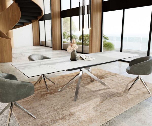 Jídelní stůl Edge keramický Laminam® Statuarietto white 200-300x100 cm, křížová podnož, obdélníkový, nerezový, rozkládací - Image 8