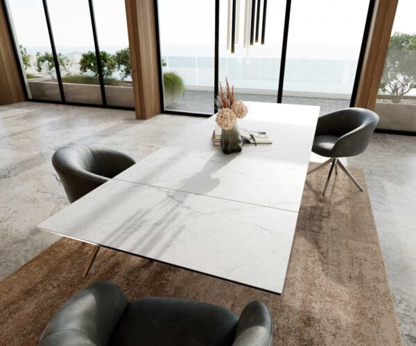 Jídelní stůl Edge keramický Laminam® Statuarietto white 200-300x100 cm, křížová podnož, obdélníkový, nerezový, rozkládací - Image 7