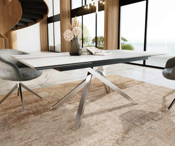 Jídelní stůl Edge keramický Laminam® Statuarietto white 200-300x100 cm, křížová podnož, obdélníkový, nerezový, rozkládací - Image 6