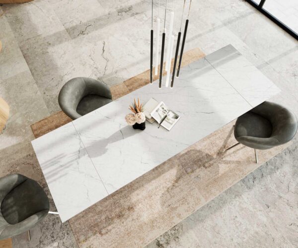 Jídelní stůl Edge keramický Laminam® Statuarietto white 200-300x100 cm, křížová podnož, obdélníkový, nerezový, rozkládací - Image 5