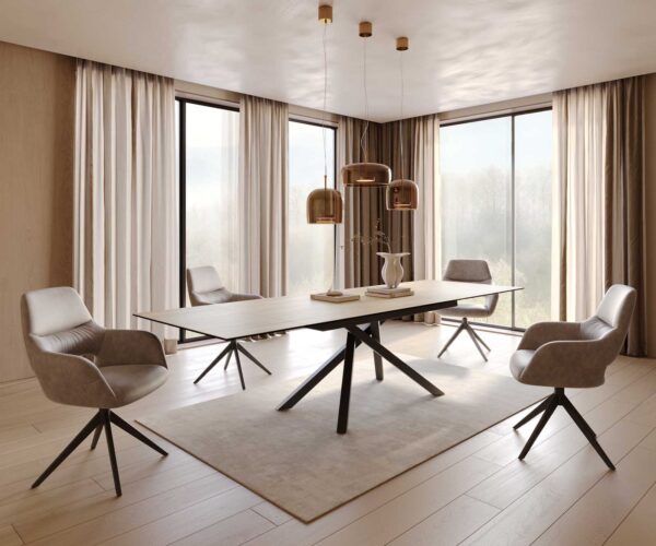 Jídelní stůl Edge keramický Laminam® Sabbia dubová barva 200–300×100 cm, křížová podnož, kov černý, rozkládací - Image 8