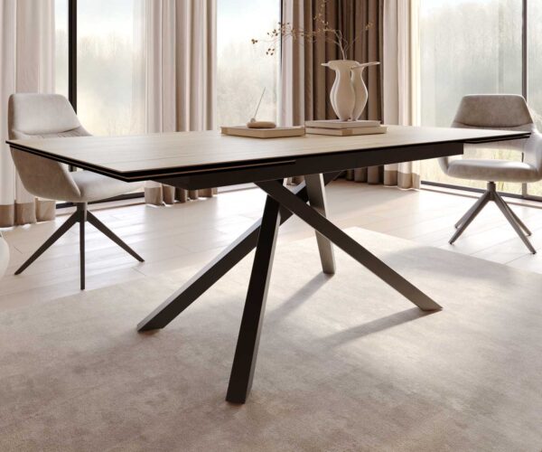 Jídelní stůl Edge keramický Laminam® Sabbia dubová barva 200–300×100 cm, křížová podnož, kov černý, rozkládací - Image 7