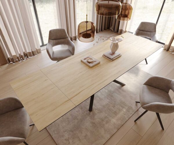 Jídelní stůl Edge keramický Laminam® Sabbia dubová barva 200–300×100 cm, křížová podnož, kov černý, rozkládací - Image 6