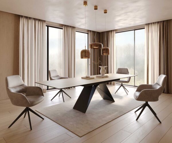 Jídelní stůl Edge keramický Laminam® Sabbia dubová barva 200-300x100 cm, V-noha, plochý černý kov, rozkládací - Image 8