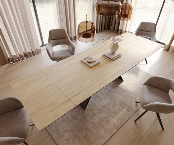Jídelní stůl Edge keramický Laminam® Sabbia dubová barva 200-300x100 cm, V-noha, plochý černý kov, rozkládací - Image 6