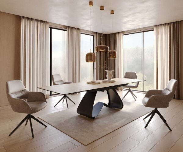 Jídelní stůl Edge keramický Laminam® Sabbia dubová barva 200–300×100 cm s černou kovovou podnoží, rozkládací - Image 8