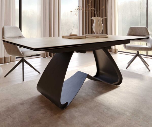 Jídelní stůl Edge keramický Laminam® Sabbia dubová barva 200–300×100 cm s černou kovovou podnoží, rozkládací - Image 7