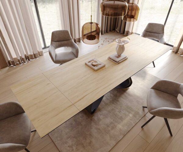 Jídelní stůl Edge keramický Laminam® Sabbia dubová barva 200–300×100 cm s černou kovovou podnoží, rozkládací - Image 6