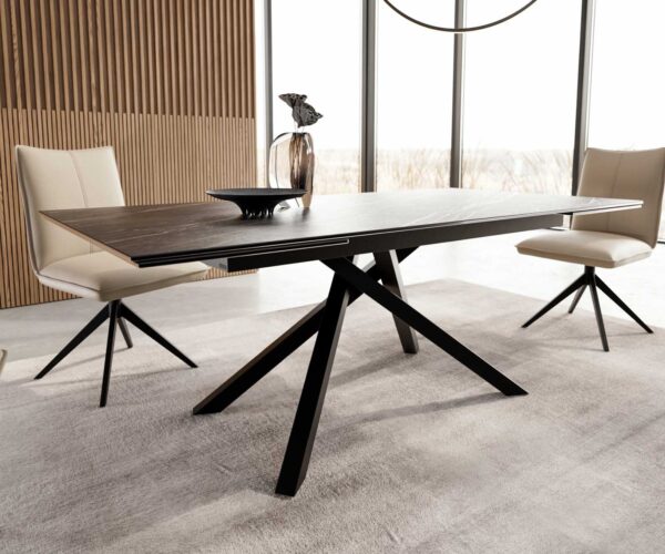 Jídelní stůl Edge keramika Laminam® Noir Desir hnědý 200–300x100 cm, černá kovová křížová podnož, rozkládací, obdélníkový - Image 6