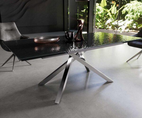 Jídelní stůl Edge reliefové sklo kouřově černé 3D design 200-300x100 křížová podnož obdélníkový nerezový rozkládací - Image 5